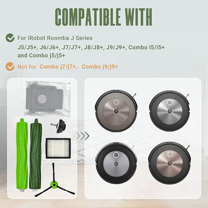 Replacement Parts Accessories Kit for iRobot Roomba J5+ J6+ J7+ J8+ J9+ J Plus Series Robotic Vacuum Attachment, 1 Front Caster Wheel, 1 Rubber Brush, 5 HEPA Filter, 6 Side Brush, 2 Dust Disposal Bag