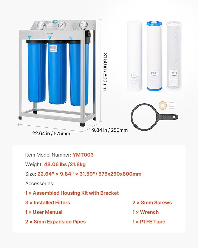 VEVOR Whole House Water Filter System, 3-Stage | Sediment, PHO, CTO | 4.5" x 20" Home Water Purifier Filter Reduce Chlorine, Bad Taste, Odor, Rust, Prevent Scale and Corrosion