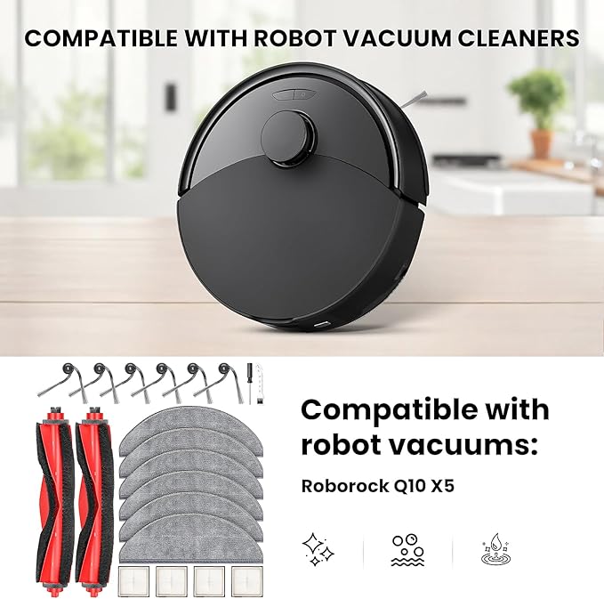 20 Pcs Replacement Kit for Q10 X5 Robot Vacuum, 2 Main Brush, 4 HEPA Filter, 6 Mop Pads, 6 Side Brush, 1 Cleaning Brush and 1 Screwdriver