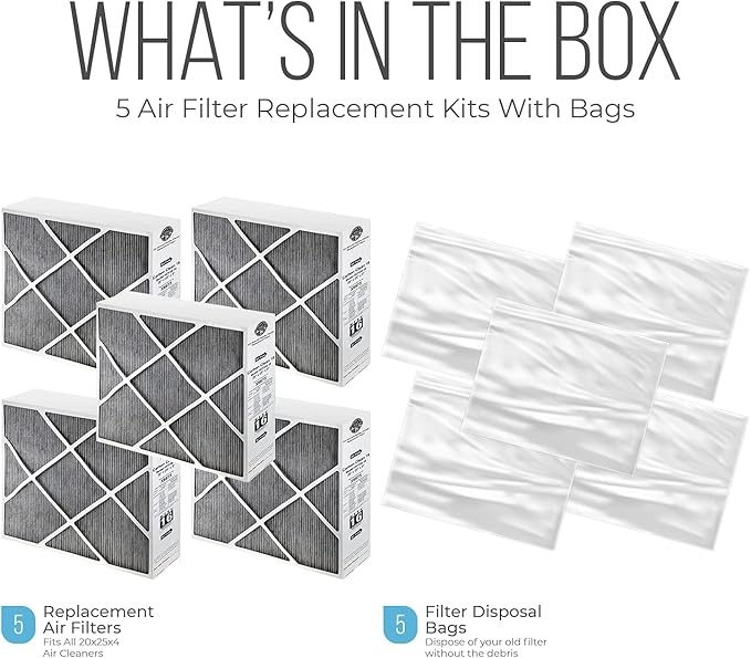 Lennox 20x25x5 Furnace Filter, X6675 Filter Replacement, Merv 16 Carbon Clean Filter Media with Homequip Disposal Bag 5-Pack (Actual Size: 19.8 x 24.8 x 4.3 Inches)