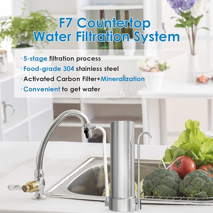 Vortopt F7 Countertop Water Filter System,Rapid Flow,6-8Months or 8000 Gallons Long-Life,5-Stage Filtration- Reduces Chlorine,Heavy Metals,Bad Odors,add Mineral Material-Includes 1 Filter.