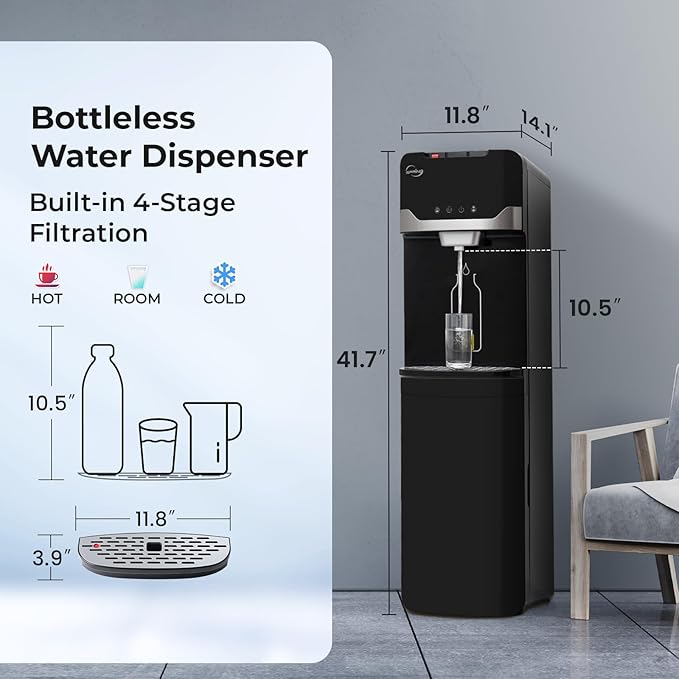 iSpring Bottleless Water Dispenser with Built-in 4-Stage Filtration, Hot/Cold/Room Temp, Self Cleaning, Stainless Steel, Model: DS4B