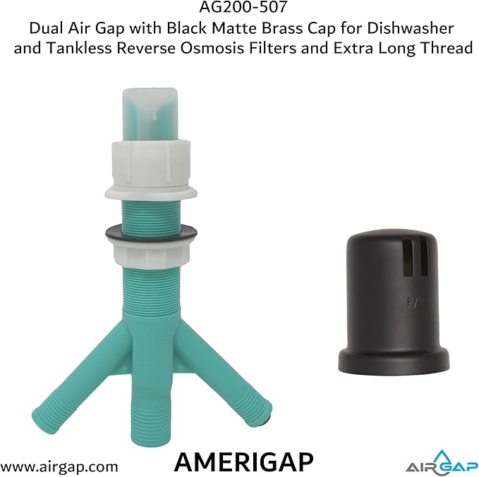 Dual Air Gap with Black Matte Brass Cap for Dishwasher and Tankless Reverse Osmosis Filter and Extra Long Thread (AG200-507, AG200-X07, AMERIGAP)