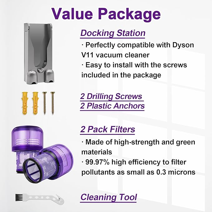 Docking Station & 2 Pack Vacuum Filters Compatible with Dyson V11 Cordless Vacuum Cleaner, Wall Mounted Accessories Holder Bracket & 2 Pack Vacuum Filters Replacement Parts for Dyson V11 Parts