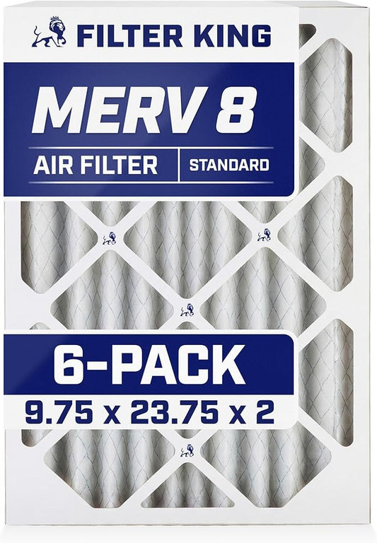 Filter King 9.75x23.75x2 Air Filter (MERV 8) (6-Pack) Dust & Allergy Control AC Furnace Filters, MADE IN USA, HVAC, Pleated, Electrostatic (Actual Size: 9.75 x 23.75 x 1.75)