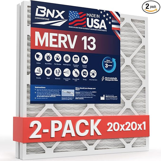 BNX 20x20x1 MERV 13 Air Filter 2 Pack - MADE IN USA - Electrostatic Pleated Air Conditioner HVAC AC Furnace Filters - Removes Pollen, Mold, Bacteria