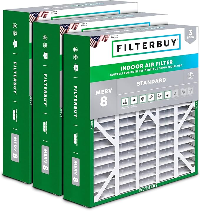 Filterbuy 20x25x6 Air Filter MERV 8 Essential Dust & Allergy Defense (3-Pack), Pleated HVAC AC Furnace Filters for AprilAire Space-Gard 201, 2200, 2250, & Lennox (Actual Size: 19.75 x 24.25 x 6.00)