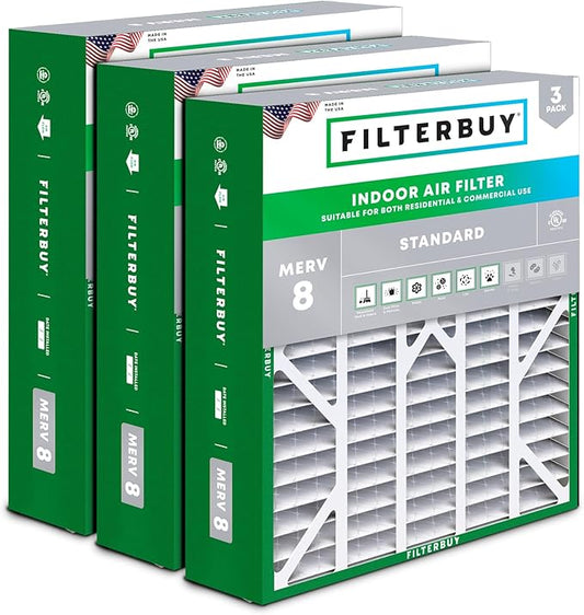 Filterbuy 20x25x6 Air Filter MERV 8 Essential Dust & Allergy Defense (3-Pack), Pleated HVAC AC Furnace Filters for AprilAire Space-Gard 201, 2200, 2250, & Lennox (Actual Size: 19.75 x 24.25 x 6.00)