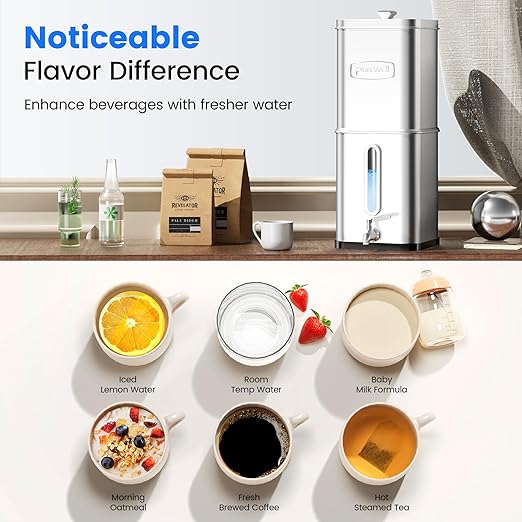 Purewell Square 2.25G Chlorine-Free Gravity Water Filter System with Water Level Window & Smart Timer, 3-Stage Filtration, Certified to Reduce Lead, Mercury, and Chlorine, SQ-2.25G