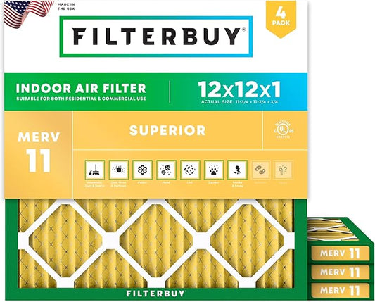 Filterbuy 12x12x1 Air Filter MERV 11 Superior Pet & Allergy Defense (4-Pack), Electrostatic Pleated HVAC AC Furnace Filters Replacement (Actual Size: 11.75 x 11.75 x 0.75)