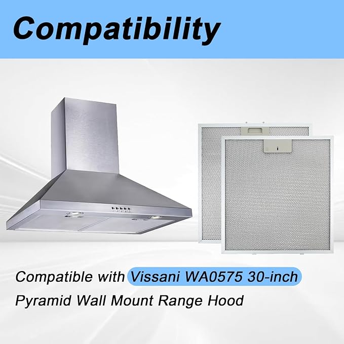 2-Pack Range Hood Grease Filters 14-3/8 X 13-1/2 Inches Compatible with Vissani 30-inch Pyramid Wall Mount Range Hood 5-Layer Aluminum Mesh Replace#: WA0575