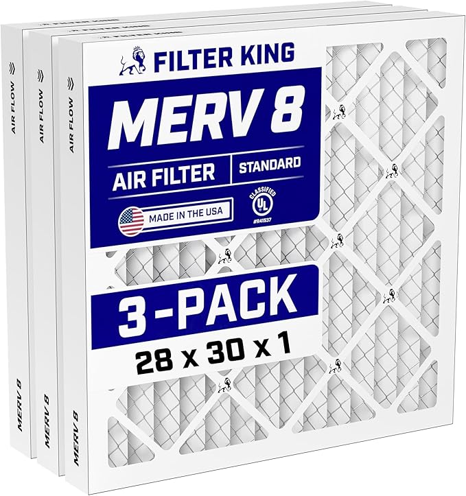 Filter King 28x30x1 Air Filter (MERV 8) (3-Pack) Dust & Allergy Control AC Furnace Filters, MADE IN USA, HVAC, Pleated, Electrostatic (Actual Size: 27.5 x 29.5 x .75)