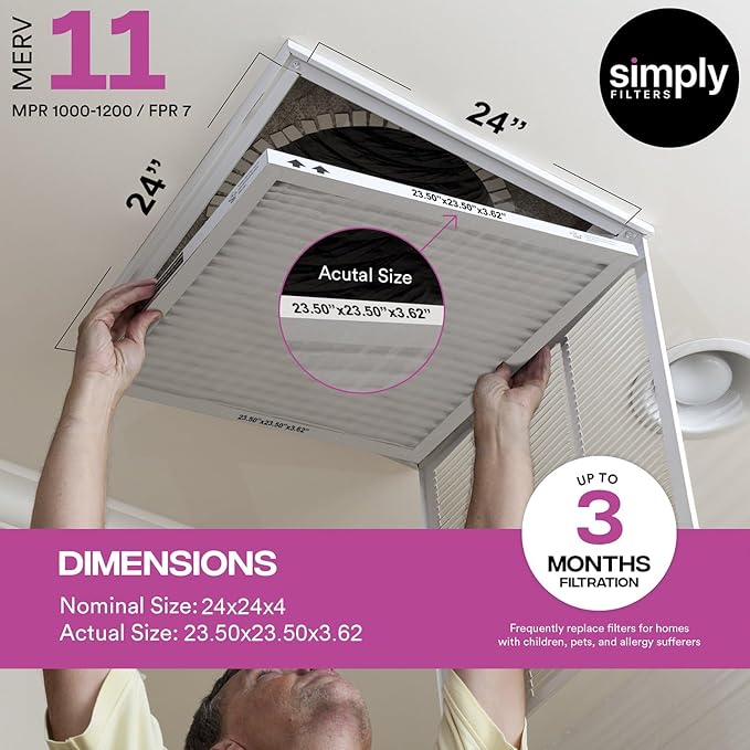 Simply 24x24x4 Air Filter, MERV 11, MPR 1000, 2 Pack, Furnace Air Filter for HVAC (Actual Size: 23.5"x23.5"x3.63") DUST, Pet & Allergy Control