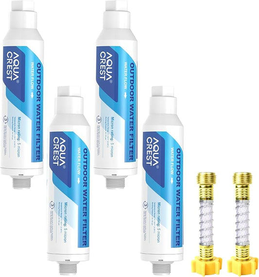 AQUA CREST Inline Water Filter, Dedicated for Car Washing, Window & Yard Cleaning, Effectively Reduce Hard Water Spots, Soften Water, Upgraded Formula, 4 Pack with 2 Hose Protector