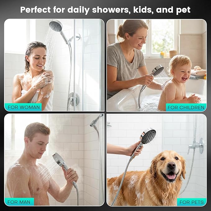 Filtered Shower Head with Handheld, High Pressure 4 Spray Mode Showerhead with Filters, Water Softener Beads for Hard Water with ON/OFF Switch for Pets (Chromium Silver, 5 Inch Panel)