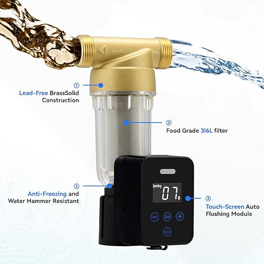 Solimeta Spin Down Sediment Water Filter: 50/100 Micron Precision, Plug - in with Touch - Screen Auto Flushing, Brass Top Clear Housing & Reusable, Plug-in Use Only