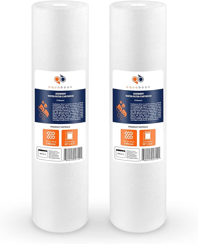 Aquaboon 5 Micron 20 x 4.5 Whole House Sediment Filter Cartridge 20 inch Water Filter Replacement Compatible with DGD-5005-20, FP25B, AP810-2, 2-Pack