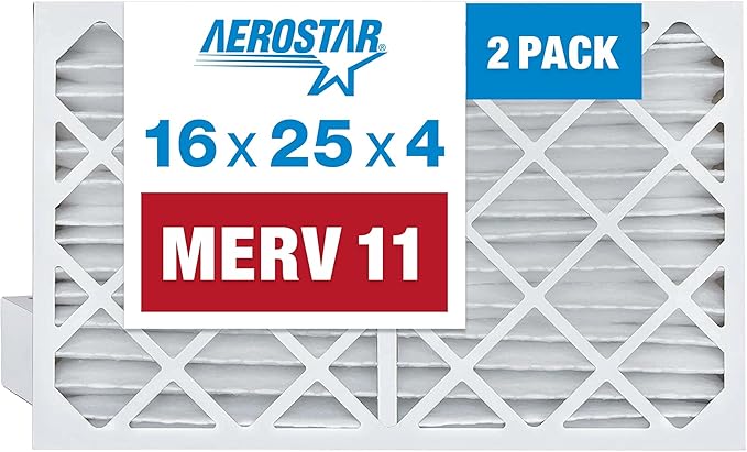 Aerostar 16x25x4 MERV 11 Air Filter, Pleated AC Furnace HVAC Filters (15.5x24.5x3.75), for Allergies Asthma Dust Pet Dander Smoke Bacteria Viruses, MPR 1500 FPR 10, USA, 2 Pack