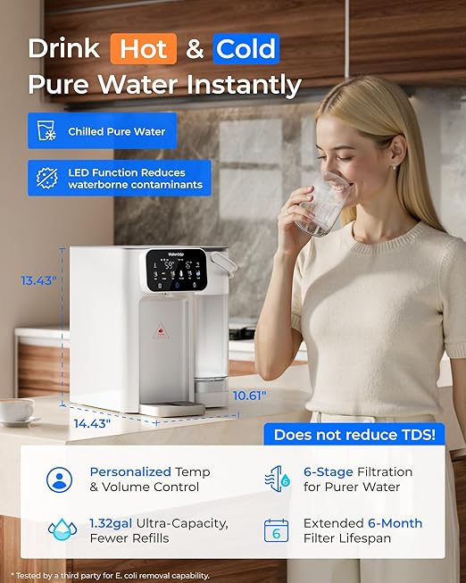 Waterdrop CT01 Countertop Water Filter System, Hot and Cold Water Dispenser with 6-Stage Filtration [𝐍𝐎𝐓 𝐑𝐎], 5 Temperature Options, Upgraded Product for Water Boiler, Touchscreen, White