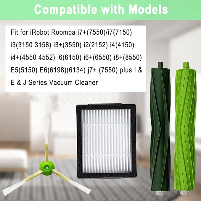 Replacement Parts for iRobot Roomba i4 i7 i7+ i3 i3+ i2 i5 i5+ j5 j5+ J7 i6 i6+ i8 +/Plus E5 E6 E7 I & E & J Series Vacuum Cleaner, 2 Set of Roller Brush & 6 Filters & 6 Side Brushes