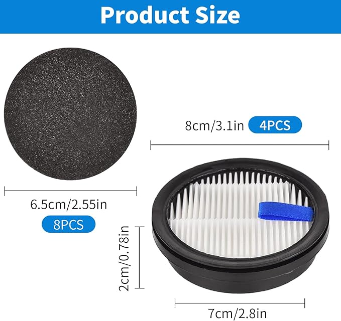 4 Pack HEPA Filters and 8 Pack Sponge Filters Replacement for Afoddon A200Pro/A200, ORFELD B08/C10A/C10G and NEQUARE S12 S25 S26 Series Cordless Vacuum Cleaner with Brush