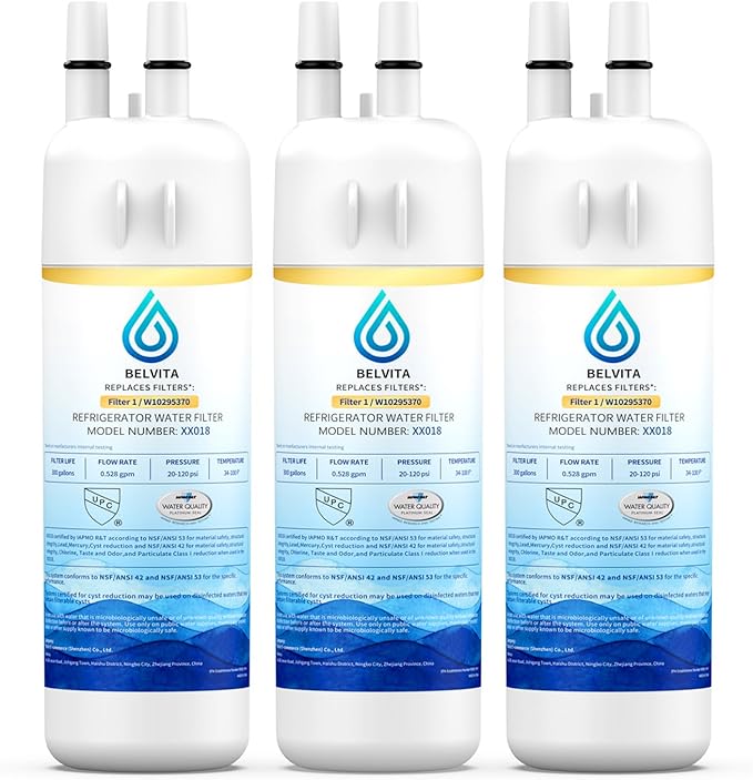 BELVITA Plus NSF/ANSI 53 Certified Water Filter Compatible with W10295370A, EDR1RXD1, WHR1RXD1, KAD1RXD1, Filter 1, W10295370, P4RFWB, P8RFWB2L, 46-9930, 46-9081 Refrigerator Water Filter, 3 Pack