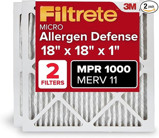 Filtrete 18x18x1 AC Furnace Air Filter, MERV 11, MPR 1000, Micro Allergen Defense, 3-Month Pleated 1-Inch Electrostatic Air Cleaning Filter, 2 Pack (Actual Size 17.81 x 17.81 x 0.81 in)