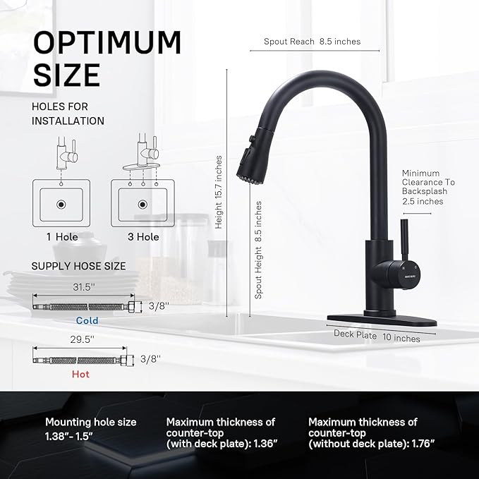 WEWE Black Kitchen Faucet, Leak Proof Kitchen Faucets with Pull Down Sprayer Commercial Stainless Steel Single Handle Single Hole Kitchen Sink Faucet for Farmhouse Camper Laundry Rv Bar