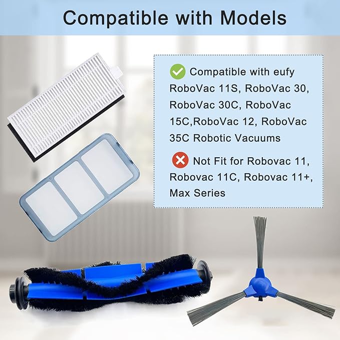 28 Pack Replacement Part Compatible for Eufy RoboVac 11S, 15C, 30, 30C, 12, 35C, 25C, 15T Robotic Vacuums, 2 Rolling Brushes, 12 Filter Sets, 12 Side Brushes, 2 Pre Filters