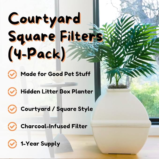 Good Pet Stuff, Replacement Carbon Odor Control Filters for Hidden Litter Box Planter, Courtyard Square Shape, Easy to Install, Odorless, Absorbs Smells, Sunlight Activated Charcoal Infused, 4 Pack