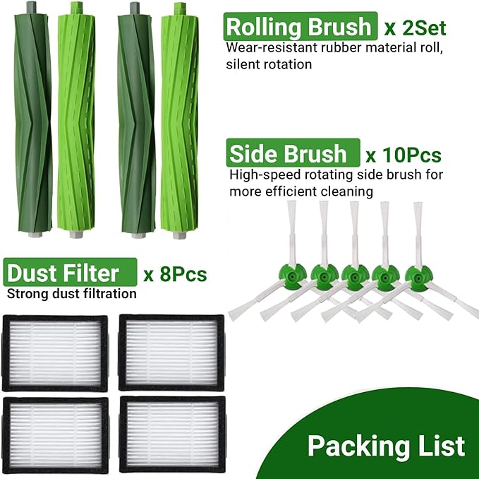 20 Pack Replacement for iRobot Roomba Replacement Parts, Rubber Roller Brushes for iRobot Roomba E & I & J Series Vac Cleaner - 2 Rubber Brushes 8 HEPA Filters 10 Side Brushes