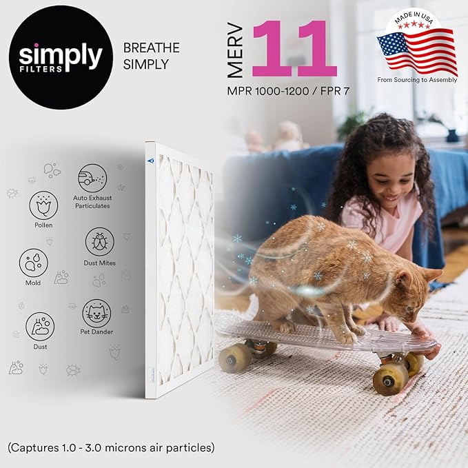 Simply 20x20x1 Air Filter, Merv 11, 4 Pack, For Home AC Furnace & HVAC (Actual Size: 19.75"x19.75"x0.75") DUST, Pet, & Allergy Control