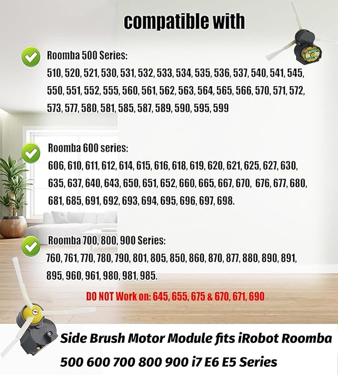 Side Brush Motor Module for iRobot Roomba 500/600/700/800/900 i3 i7 e5 e6 e7 530 560 570 620 650 694 780 900 860 870 880 890 960 980 Series, Vacuum Cleaner Edge Sweeping Brush Replacement Parts