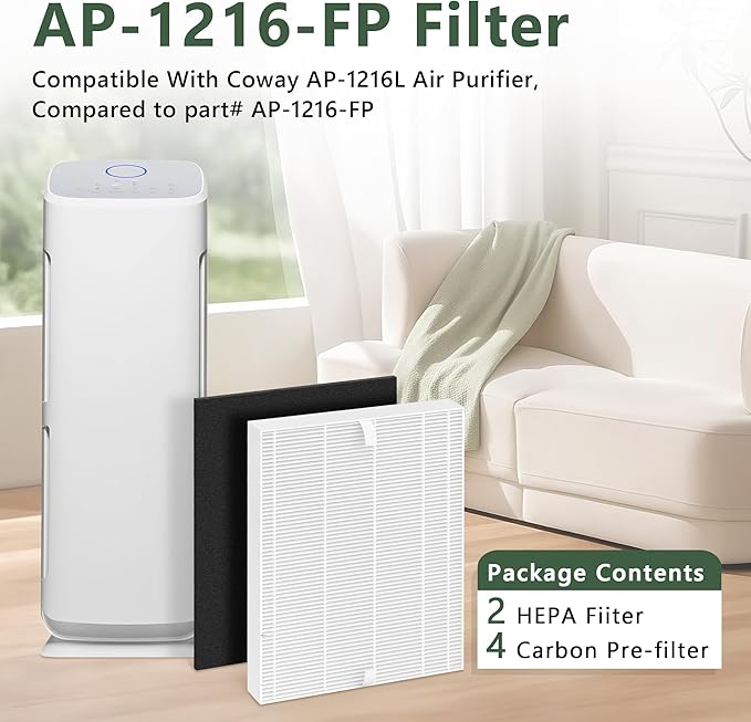 AP-1216L Filter Replacement for Coway AP-1216L Purifier, Include 2 Pack H13 True HEPA Filter and 4 Pack Activated Carbon Filter, Part # ‎AP-1216-FP