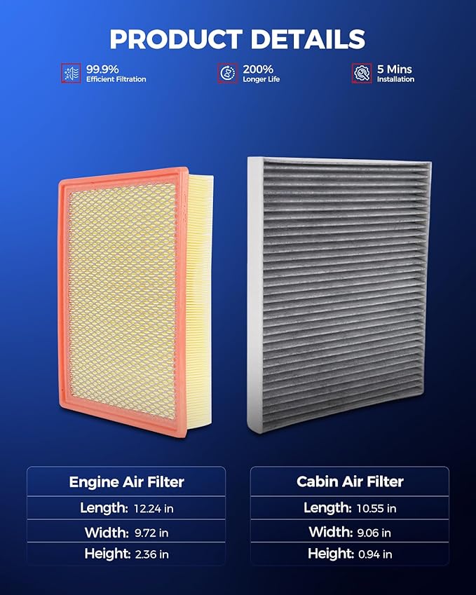 KAX Engine & Cabin Air Filter Kit, Replacement for Chevrolet Silverado 1500/2500 HD, Tahoe, GMC Sierra 1500, Sierra 2500 HD/3500/2500/1500 HD, Cadillac Escalade, Replace# CA8755A CF10360