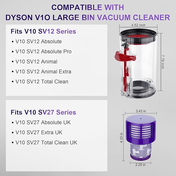 7.79in Large Bin Replacement and Filter for Dyson V10 SV12 Animal and Absolute Models, Large Bin No.969509-01 and Filter Part No. 969082-01 for Absolute/Animal/Animal Extar/Total Clean