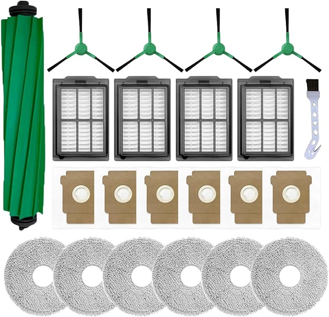 22pcs Accessories Replacement Parts for iRobot Roomba Plus 405/505/507 Combo Robot Vacuum Cleaner：1 Main Brush, 6 Dust Bags, 6 Mop Pads, 4 HEPA Filters, 4 Side Brushes and 1Tool