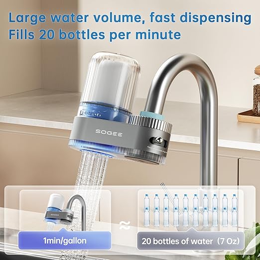 Faucet Filter, Sink Water Filter with Ceramic & Carbon Filters 200+ Gallons Remove Chlorine, Odors, Heavy Metals, Fits 15/16", 13/15", 3/4" Kitchen Faucets, 2 Filters,LJ02