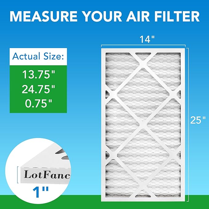 LotFancy 14x25x1 Air Filter MERV 8 6-Pack, Electrostatic Pleated Furnace & AC Filter, Captures Dust, Pet Hair, Pollen, Actual Size: 13.75"x24.75"x0.75"