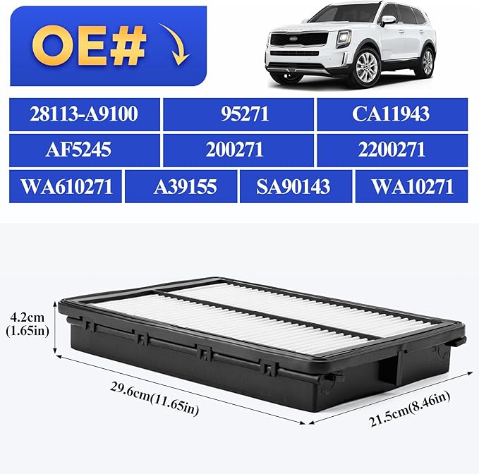 CA11943 Engine Air Filter for 2017-2020 HYUNDAI Santa Fe,2020-2023 HYUNDAI Palisade/2015-2021 KIA Sedona,2016-2020 KIA Sorento,2020-2023 KIA Telluride 28113-A9100