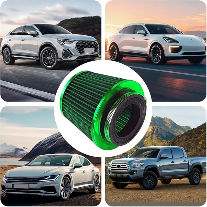 Car Clamp-On Air Intake Filter, 3 In 3.5 In 4 In Round Tapered Vehicle Cone Air Filters, High-Performance ＆ Washable Auto Replacement Intake Filtering Accessories, Universal Fit (Green)