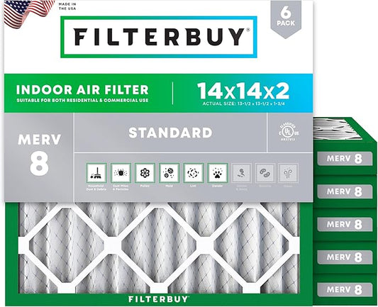 Filterbuy 14x14x2 Air Filter MERV 8 Essential Dust & Allergy Defense (6-Pack), Electrostatic Pleated HVAC AC Furnace Filters Replacement (Actual Size: 13.50 x 13.50 x 1.75)