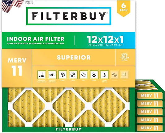 Filterbuy 12x12x1 Air Filter MERV 11 Superior Pet & Allergy Defense (6-Pack), Electrostatic Pleated HVAC AC Furnace Filters Replacement (Actual Size: 11.75 x 11.75 x 0.75)