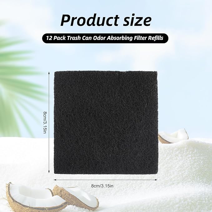 12 Pack Replacement Odor Absorbing Filter Refills for SIMPLI-MAGIC Trash Can,Odor Absorbing Activated Charcoal Deodorizer Refills for Built-in Odor Filter Compartment,Square Filter Cartridges