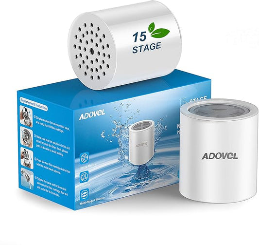 ADOVEL Universal Shower Filter Replacement Cartridge, 15 stage, High Output, With Effective KDF, Vitamin C, Removing Chlorine, Heavy Metals, Sulfur Odor, Pack of 2