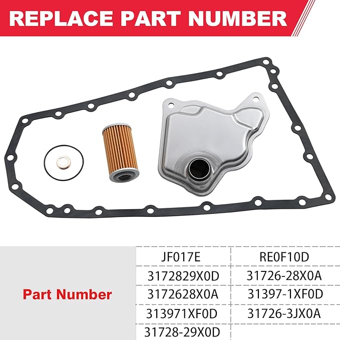 RE0F10D JF017E Transmission Filter Oil Pan Gasket Kit Fit for Nissan Altima Maxima Quest Murano Pathfinder Infiniti Qx60 Replaces# 31728-29X0D 31726-3JX0A 31726-28X0A
