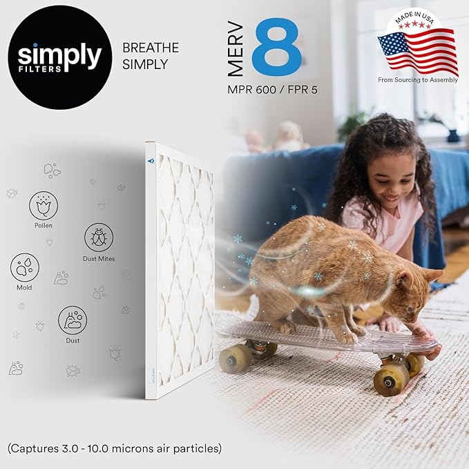 Simply 18x20x1 Air Filter, Merv 8, 4 Pack, For Home AC Furnace & HVAC (Actual Size: 17.81"x19.81"x0.75") DUST, Pet & Allergy Control,