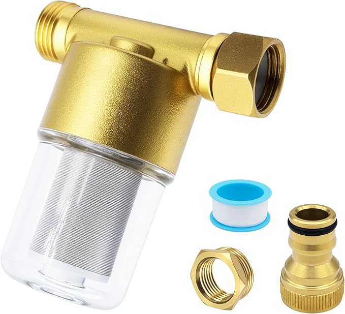 40 Micron Reusable Brass Inline Sediment Filter - Universal Fit for Washing Machine, Shower, Garden Hose & Well Water - Anti-Clogging Design with Pipe Sealant Tape