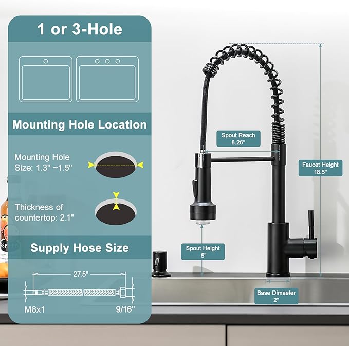 GIMILI Black Kitchen Faucet with Soap Dispenser Single Hole Pull Down Sprayer LED Faucet, Suitable for Farmhouses, RV, Laundry Room, Outdoor, and Campers. Llave para fregadero de cocina