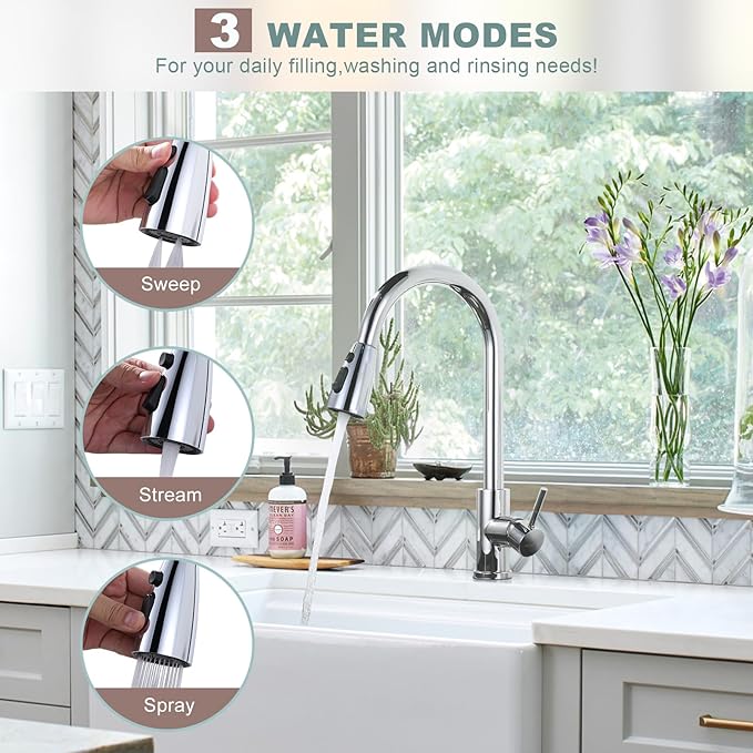Chrome Kitchen Faucet with Sprayer, WOWOW Pull Down Kitchen Sink Faucet Stainless Steel Utility Sink Faucet with Deck Plate, Kitchen Tap for RV, Laundry, Bar